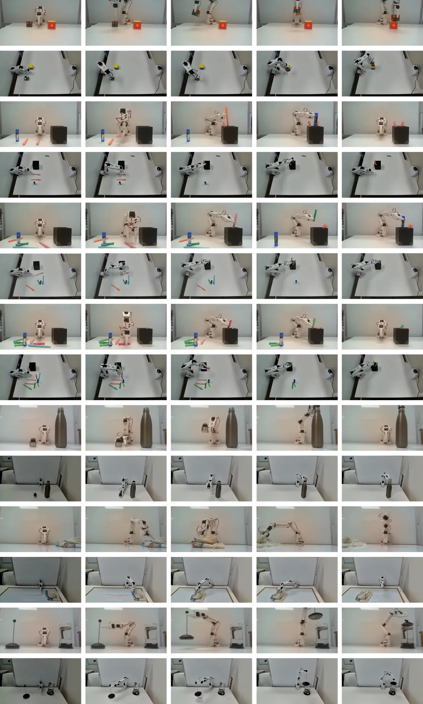 Composite of SO-101 robot arm rollouts across tabletop tasks, with front and top camera views.