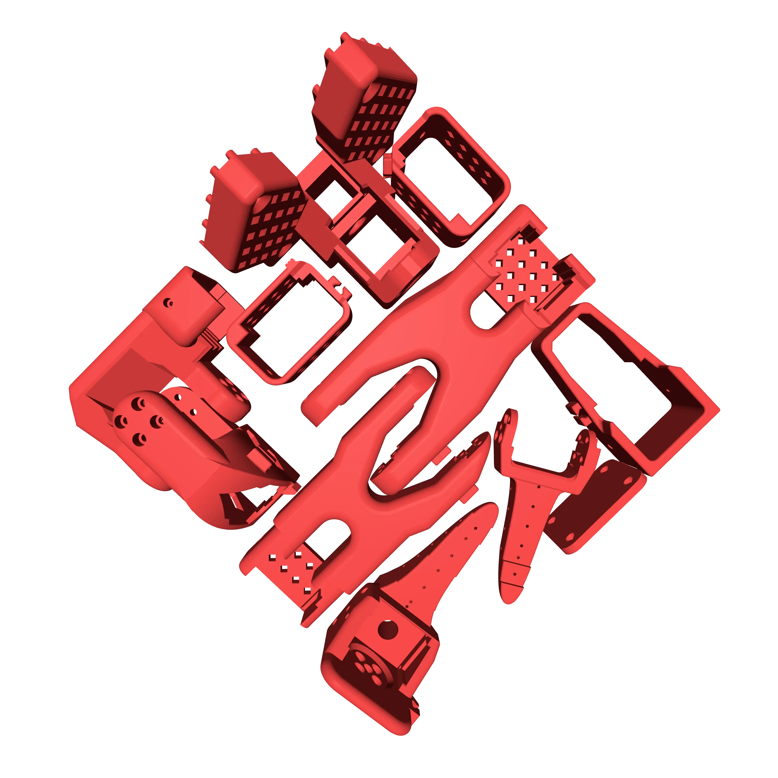 Follower robot STL components arranged on an Ender 3 printer bed for fabrication.