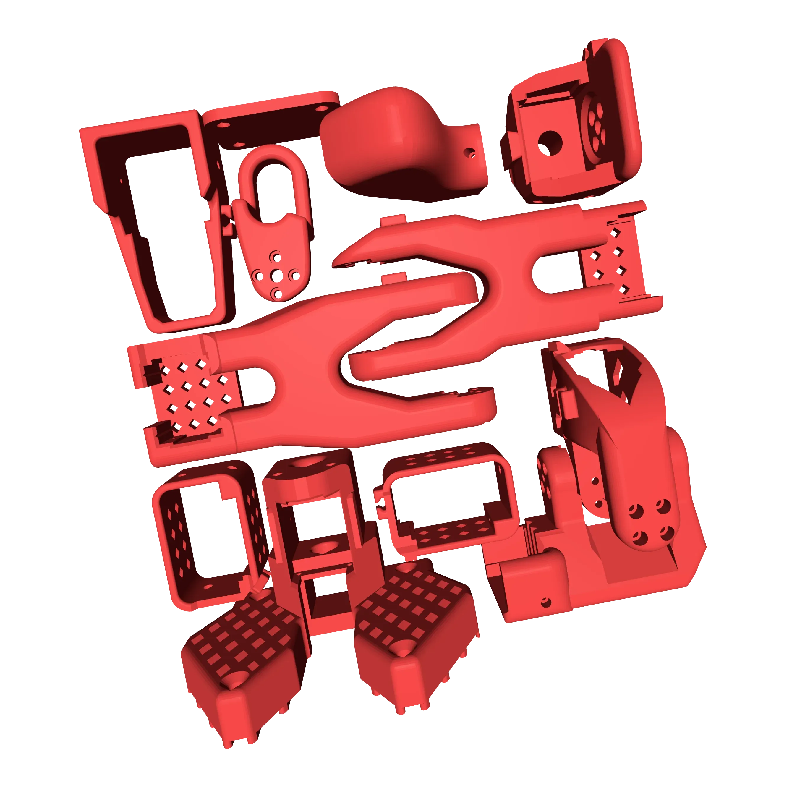 Leader robot STL components arranged on an Ender 3 printer bed for fabrication.