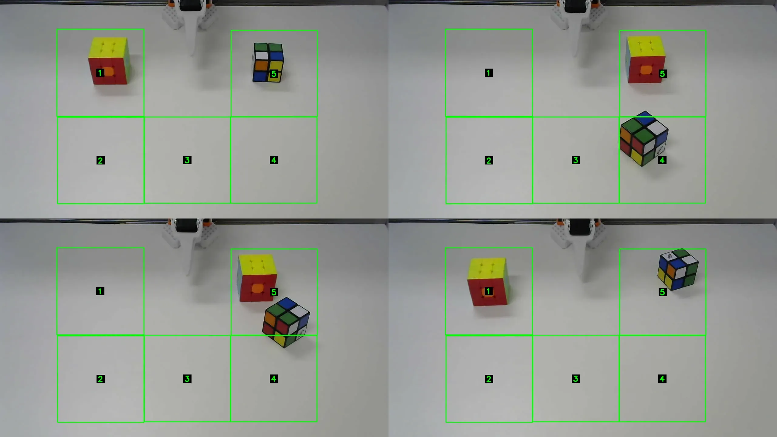Four camera views showing the tabletop workspace divided into five labeled placement regions.